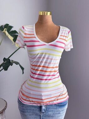 🌈 Victoria’s Secret Rainbow Stripe Baby Tee V Neck Top Spring 2013 M